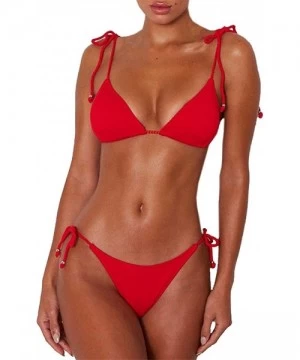 Sets Women's Ribbed Tie Bikini Brazilian Cheeky Bottom String Swimsuit Bathing Suit - Red - CY18Q2KE42W