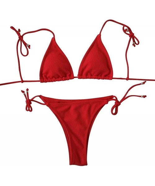 Sets Women's Ribbed Tie Bikini Brazilian Cheeky Bottom String Swimsuit Bathing Suit - Red - CY18Q2KE42W