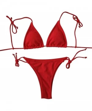 Sets Women's Ribbed Tie Bikini Brazilian Cheeky Bottom String Swimsuit Bathing Suit - Red - CY18Q2KE42W