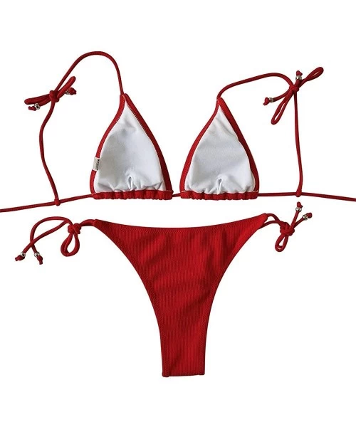 Sets Women's Ribbed Tie Bikini Brazilian Cheeky Bottom String Swimsuit Bathing Suit - Red - CY18Q2KE42W