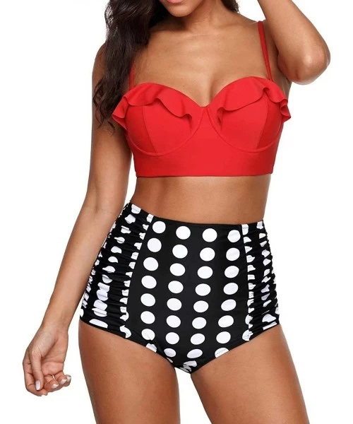 Sets Vintage High Waist Floral Women's Bikini Set Strappy Push Up Bathing Suit - Red Top With Polka Bottom - C217YCXNGWE