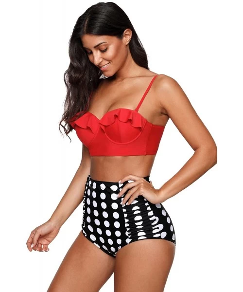 Sets Vintage High Waist Floral Women's Bikini Set Strappy Push Up Bathing Suit - Red Top With Polka Bottom - C217YCXNGWE