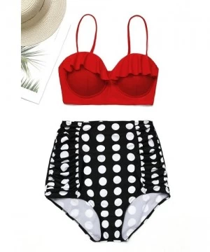 Sets Vintage High Waist Floral Women's Bikini Set Strappy Push Up Bathing Suit - Red Top With Polka Bottom - C217YCXNGWE