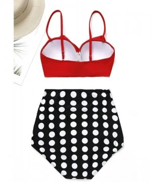 Sets Vintage High Waist Floral Women's Bikini Set Strappy Push Up Bathing Suit - Red Top With Polka Bottom - C217YCXNGWE