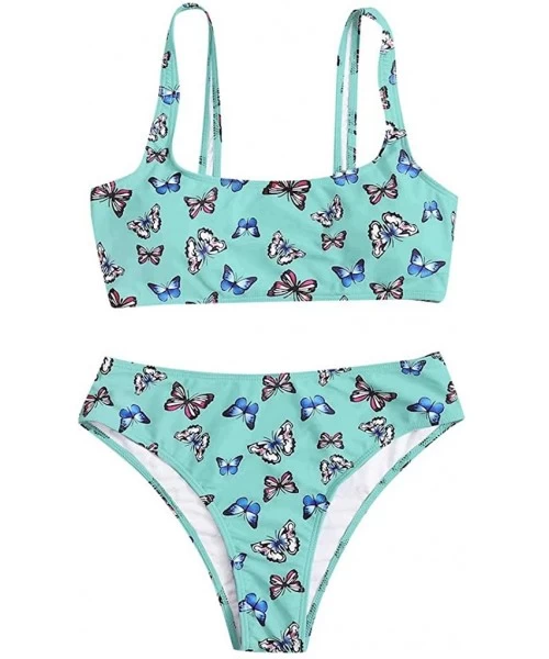 Sets Women Butterfly Print High Waist Two Pieces Bikini Swimwear Swimsuit Beachwear for Ladies - Blue - CF19C9IN95A