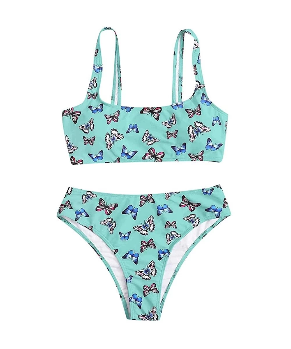 Sets Women Butterfly Print High Waist Two Pieces Bikini Swimwear Swimsuit Beachwear for Ladies - Blue - CF19C9IN95A