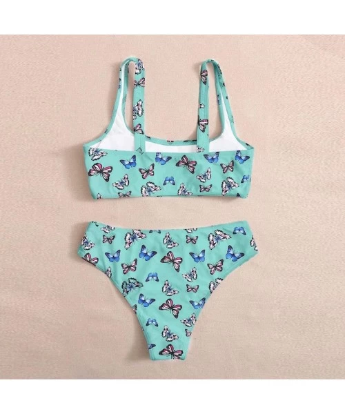 Sets Women Butterfly Print High Waist Two Pieces Bikini Swimwear Swimsuit Beachwear for Ladies - Blue - CF19C9IN95A