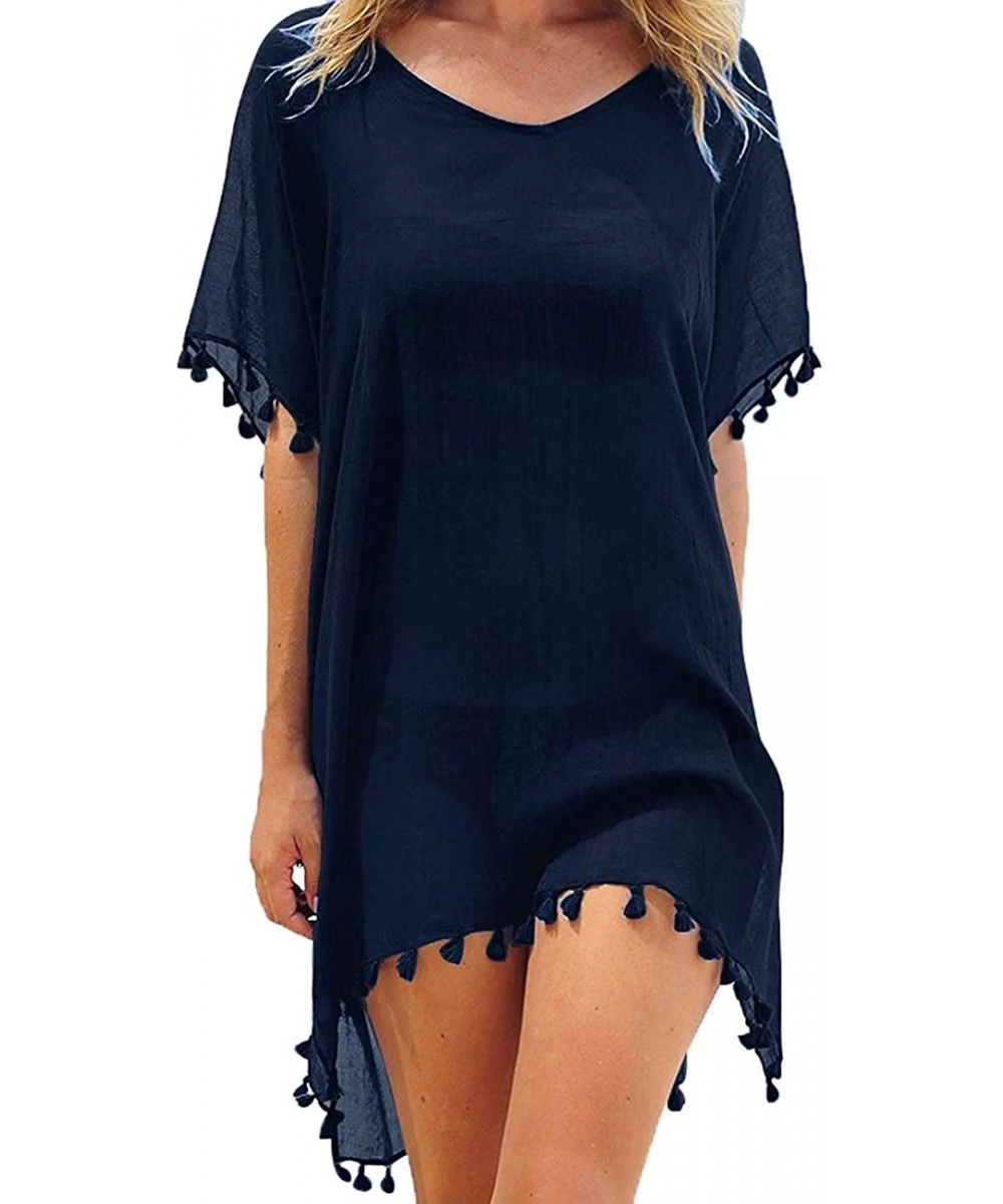 Cover-Ups Women Sexy Tassel Swimsuit Casual Chiffon Bikini Cover Up Flowy Sleeve Bathing Suit Swimwear Beach Dress Navy Blue ...