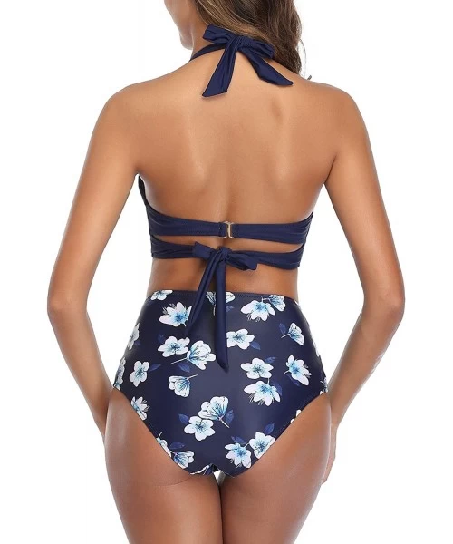 Sets Women Vintage Swimsuit Two Piece Retro Halter Ruched High Waist Bikini - Black Flower - CD1938KYHL3