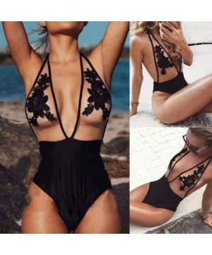 One-Pieces Womens Embroidery Rose Sheer Mesh Halter Seamless One Piece Swimsuit Beachwear Summer Jumpsuit Swimwear Bathing Su...