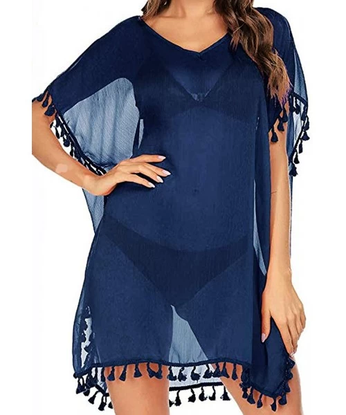 Cover-Ups Women Sexy Tassel Swimsuit Casual Chiffon Bikini Cover Up Flowy Sleeve Bathing Suit Swimwear Beach Dress Navy Blue ...