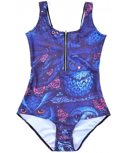 One-Pieces Women's Zipper Printed One Piece Backless Jumpsuit Monokini Swimwear - Owls - CW18D42UQNL