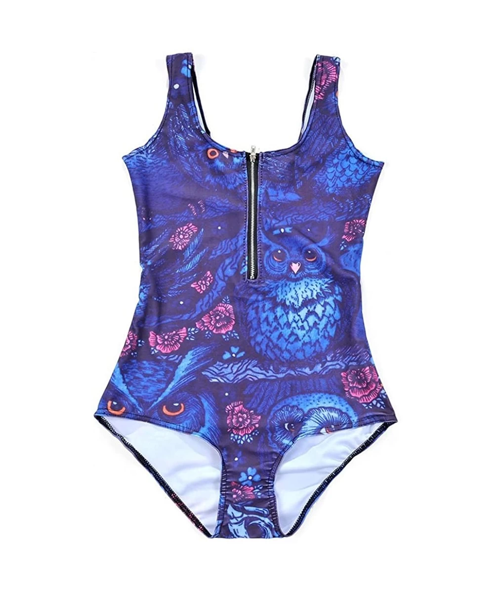 One-Pieces Women's Zipper Printed One Piece Backless Jumpsuit Monokini Swimwear - Owls - CW18D42UQNL