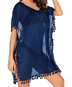 Cover-Ups Women Sexy Tassel Swimsuit Casual Chiffon Bikini Cover Up Flowy Sleeve Bathing Suit Swimwear Beach Dress Navy Blue ...