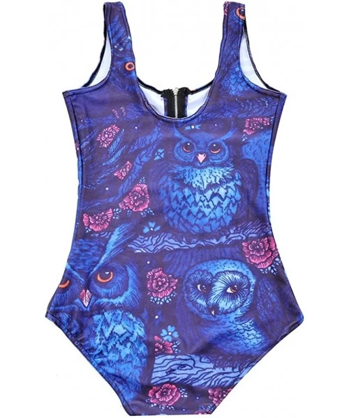 One-Pieces Women's Zipper Printed One Piece Backless Jumpsuit Monokini Swimwear - Owls - CW18D42UQNL