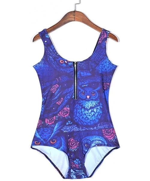 One-Pieces Women's Zipper Printed One Piece Backless Jumpsuit Monokini Swimwear - Owls - CW18D42UQNL