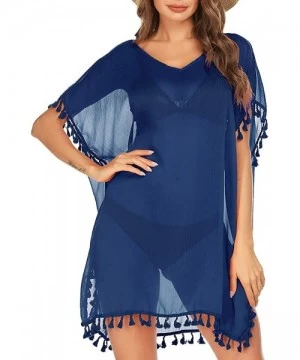 Cover-Ups Women Sexy Tassel Swimsuit Casual Chiffon Bikini Cover Up Flowy Sleeve Bathing Suit Swimwear Beach Dress Navy Blue ...