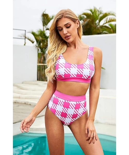 Sets Womens Halter Tankini Swimsuits for Women Two Piece Bathing Suits Back Lace Up Gingham Bikini - Pink a - CH199HSCN4X