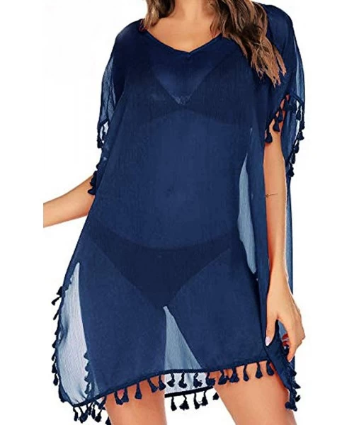 Cover-Ups Women Sexy Tassel Swimsuit Casual Chiffon Bikini Cover Up Flowy Sleeve Bathing Suit Swimwear Beach Dress Navy Blue ...