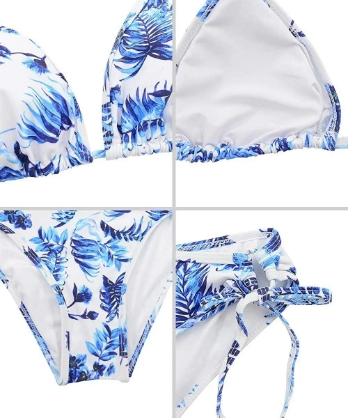 Sets Women Tie Side Bottom Padded Top Triangle Bikini String Bathing Suit Two Piece Swimsuit - Z Blue and White - CJ18YRE9NYK