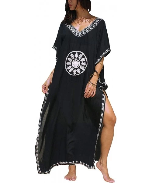 Cover-Ups Women Beachwear Turkish Kaftans Floral Print Long Bikini Swimsuit Cover up Caftan Beach Dress - A-kaftans-black - C...