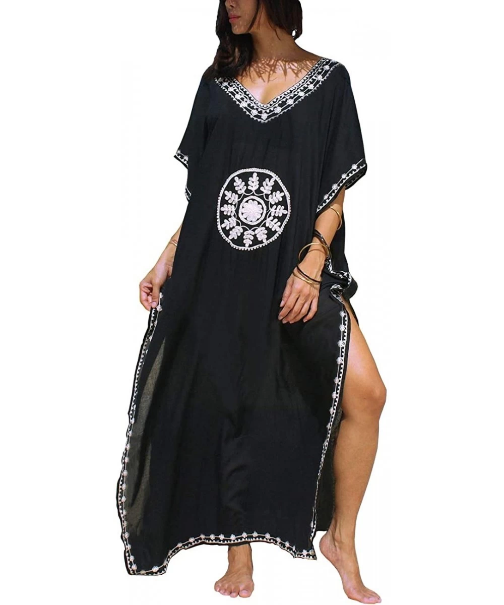 Cover-Ups Women Beachwear Turkish Kaftans Floral Print Long Bikini Swimsuit Cover up Caftan Beach Dress - A-kaftans-black - C...