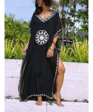 Cover-Ups Women Beachwear Turkish Kaftans Floral Print Long Bikini Swimsuit Cover up Caftan Beach Dress - A-kaftans-black - C...