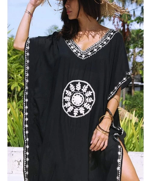 Cover-Ups Women Beachwear Turkish Kaftans Floral Print Long Bikini Swimsuit Cover up Caftan Beach Dress - A-kaftans-black - C...