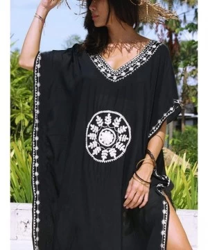 Cover-Ups Women Beachwear Turkish Kaftans Floral Print Long Bikini Swimsuit Cover up Caftan Beach Dress - A-kaftans-black - C...