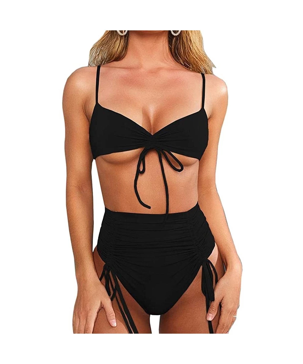 Sets Womens High Waisted Bikini Sexy Drawstring Ruched Tummy Control Swimsuit - Black - CQ1935XZW89