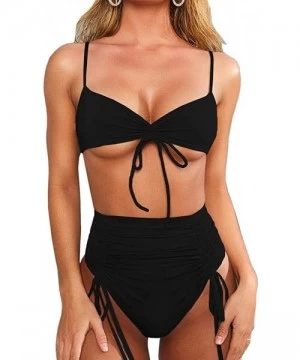 Sets Womens High Waisted Bikini Sexy Drawstring Ruched Tummy Control Swimsuit - Black - CQ1935XZW89