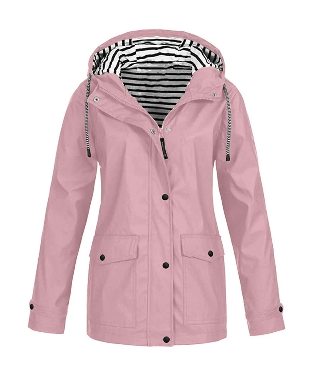 Cover-Ups Women Raincoat Solid Rain Jacket Outdoor Plus Size Waterproof Hooded Windproof Warm Coat - Pink - C018ZKUH9SM