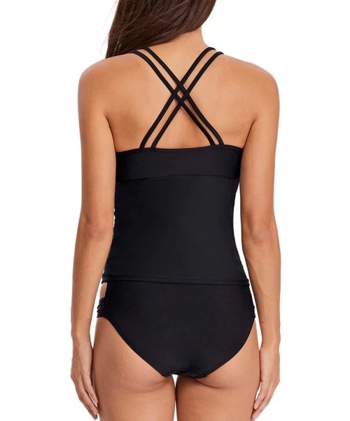 Sets Women's V Neck Tankini Set Criss Cross Back Tankini Top with Bikini Bottom Two Piece Bathing Suits - Black - CH18EMYIWGT