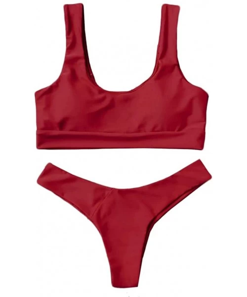 Sets Women Swimsuit Elastic Bikini Slim Two Piece Solid Beachwear - Red - C2199AUEADN