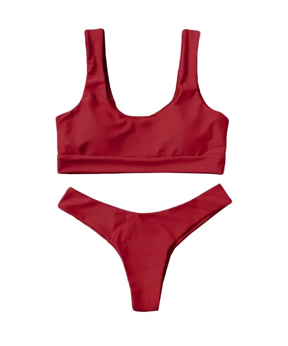 Sets Women Swimsuit Elastic Bikini Slim Two Piece Solid Beachwear - Red - C2199AUEADN