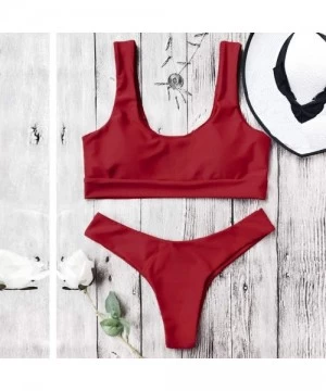 Sets Women Swimsuit Elastic Bikini Slim Two Piece Solid Beachwear - Red - C2199AUEADN