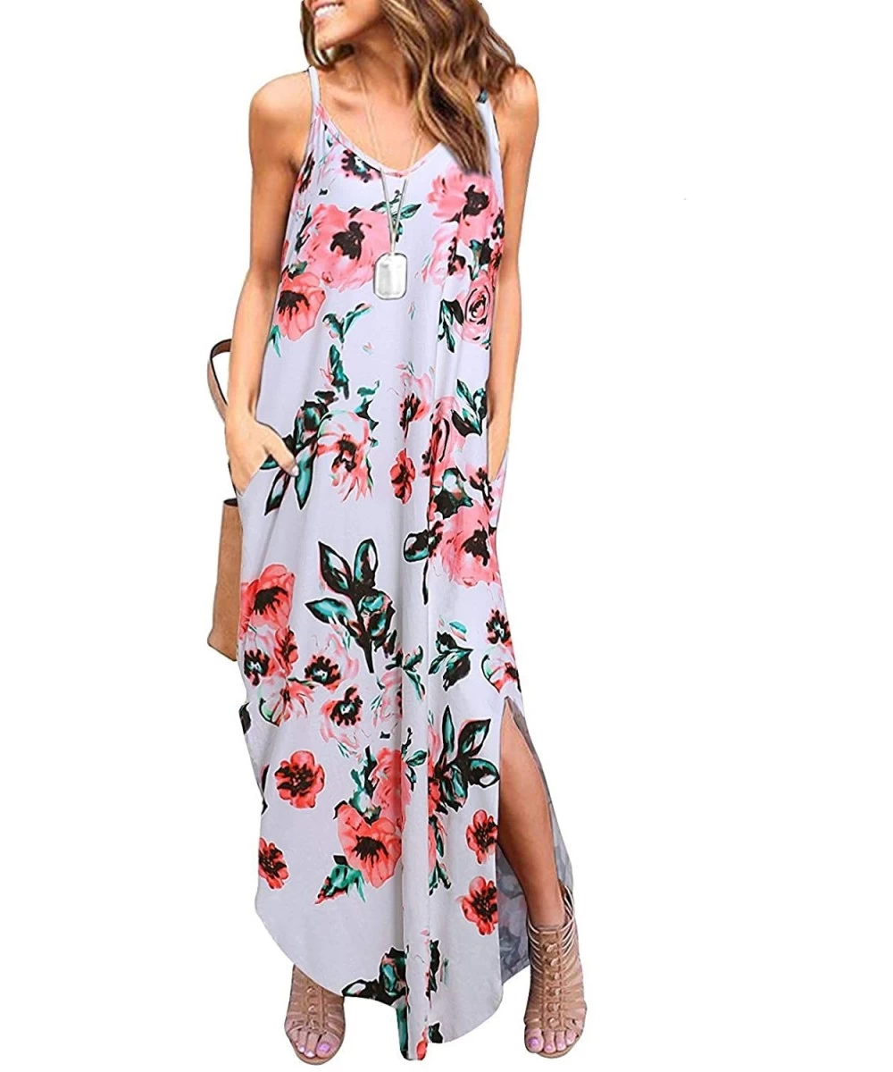 Cover-Ups Women's Summer Casual Loose Dress Beach Cover Up Long Cami Maxi Dresses with Pocket - White Flower - CR18QWILU82