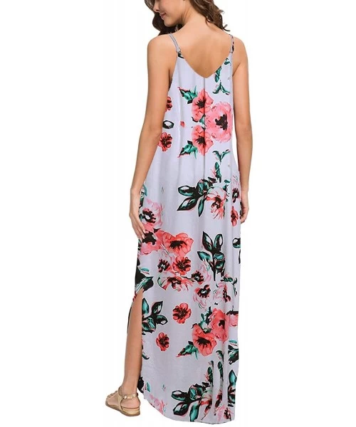 Cover-Ups Women's Summer Casual Loose Dress Beach Cover Up Long Cami Maxi Dresses with Pocket - White Flower - CR18QWILU82