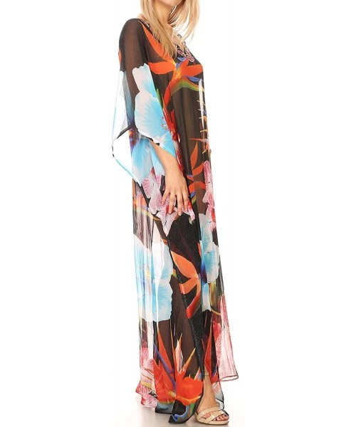 Cover-Ups Wilder Printed Design Long Sheer Rhinestone Caftan Dress/Cover Up - 17162-blackmulti - C61850ZXR09