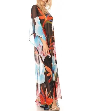 Cover-Ups Wilder Printed Design Long Sheer Rhinestone Caftan Dress/Cover Up - 17162-blackmulti - C61850ZXR09