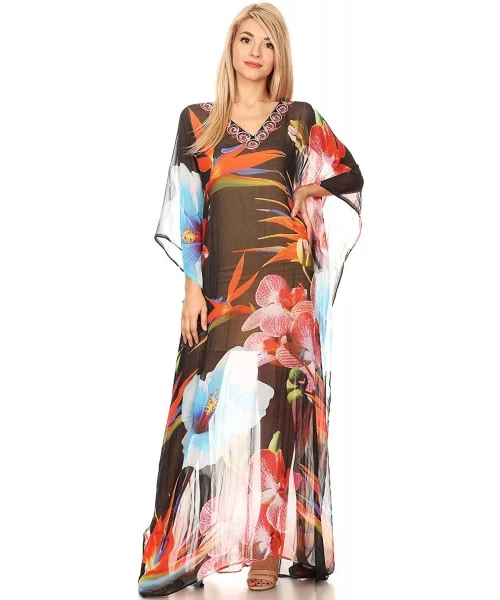 Cover-Ups Wilder Printed Design Long Sheer Rhinestone Caftan Dress/Cover Up - 17162-blackmulti - C61850ZXR09