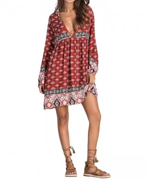 Cover-Ups Women Boho Dress Floral Printed Deep V-Neck Summer Beach Bohemian Sundress Loose Short Mini Dress - A-red - CV18DAD...