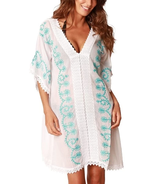 Cover-Ups Embroidered Beach Cover Up - White/Turquoise - C811ZOMZLZP