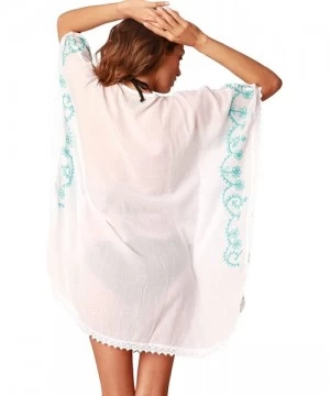 Cover-Ups Embroidered Beach Cover Up - White/Turquoise - C811ZOMZLZP