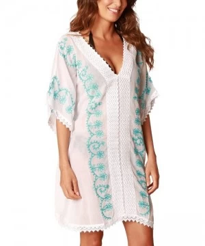 Cover-Ups Embroidered Beach Cover Up - White/Turquoise - C811ZOMZLZP