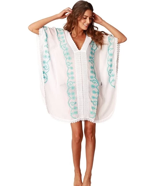 Cover-Ups Embroidered Beach Cover Up - White/Turquoise - C811ZOMZLZP