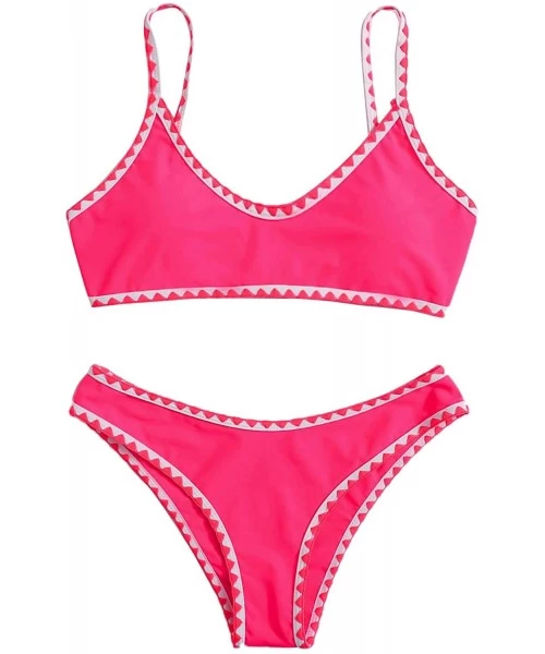 Tops Women's Contrast Binding Tie Back Top with High Cut Throng Bikini Swimsuit - Pink - CL19050LDKE