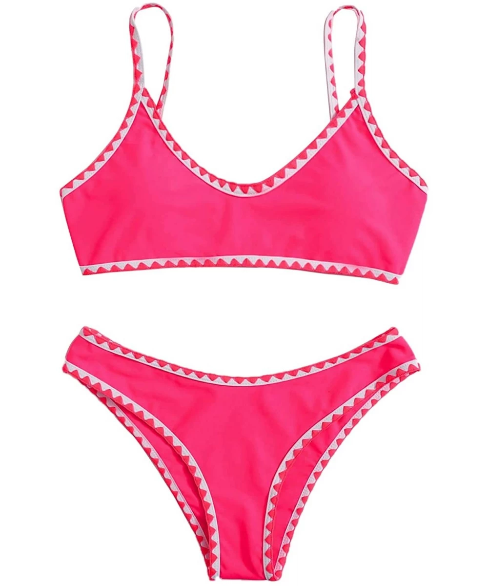 Tops Women's Contrast Binding Tie Back Top with High Cut Throng Bikini Swimsuit - Pink - CL19050LDKE