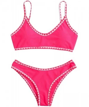 Tops Women's Contrast Binding Tie Back Top with High Cut Throng Bikini Swimsuit - Pink - CL19050LDKE