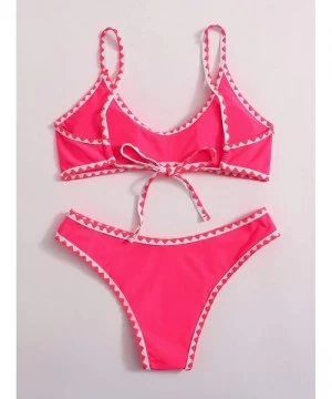 Tops Women's Contrast Binding Tie Back Top with High Cut Throng Bikini Swimsuit - Pink - CL19050LDKE